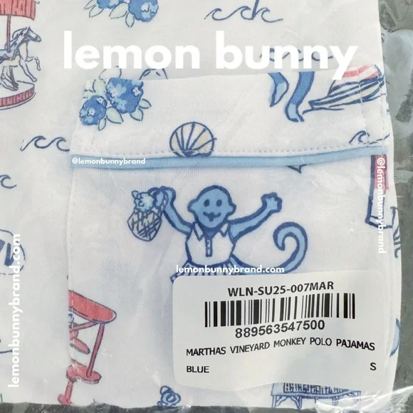Roller Rabbit Martha’s Vineyard Monkey Short Sleeve Polo Pajamas Blue Small NWT